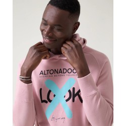 SUDADERA CAPUCHA ALTONADOCK COLOR ROSA Y EL FRONTAL DE LA SUDADERA ES UN LOOK TACHADO EN FORMA DE X EN TURQUESA