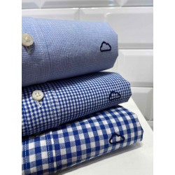Camisa Cuadro Pequeño Celeste Hombre – Blanca con Cuello Italiano | Algodón y Lino