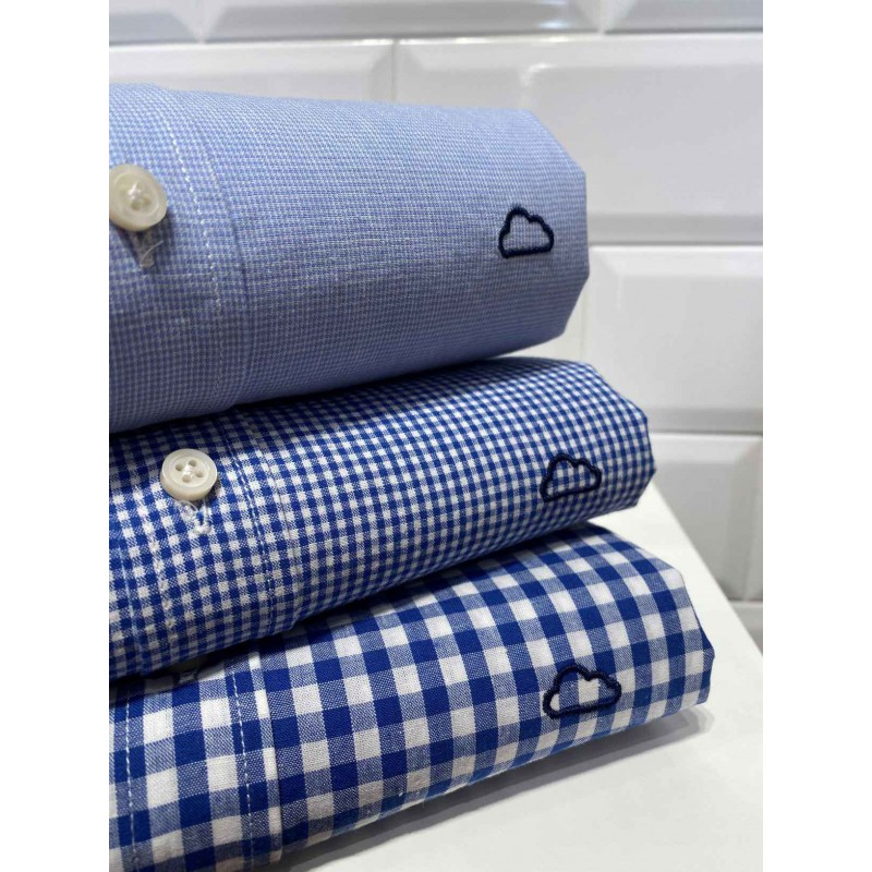 Camisa Cuadro Pequeño Celeste Hombre – Blanca con Cuello Italiano | Algodón y Lino Camisa Cuadro Pequeño Celeste Hombre – Blanca con Cuello Italiano | Algodón y Lino