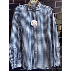 Camisa Hombre Cuadro Mediano Azul – Blanca con Cuello Italiano | Algodón y Lino
