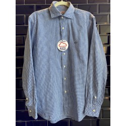 Camisa Blanca Cuadro Azul Pequeño Hombre – Algodón y Lino | Cuello Italiano