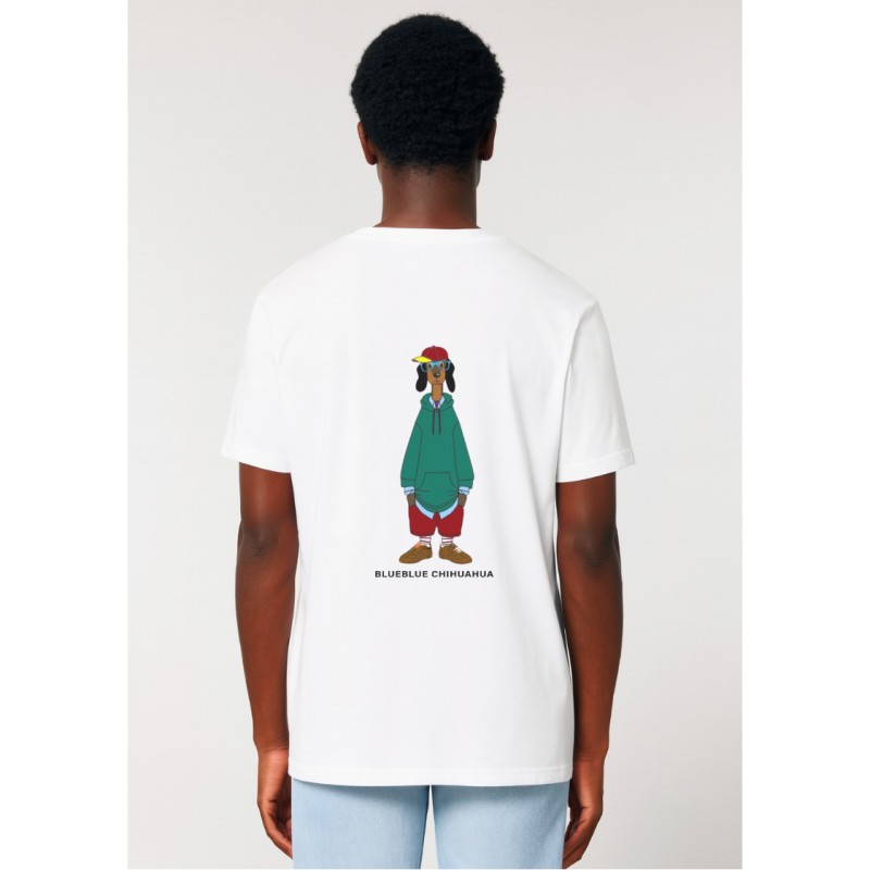 Camiseta blanca BLUEBLUE CHIHUAHUA unisex con estampado perro urbano