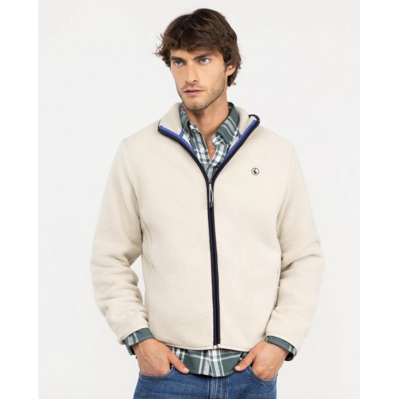 Chaqueta polar beige hombre con cremallera y cuello alto