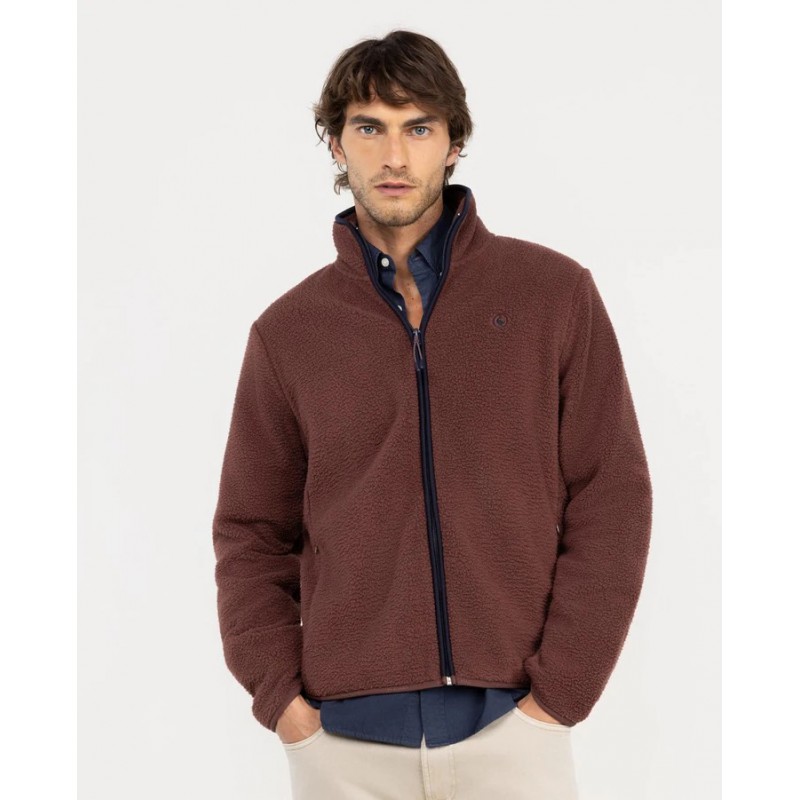 Chaqueta polar granate hombre con cremallera y cuello alto